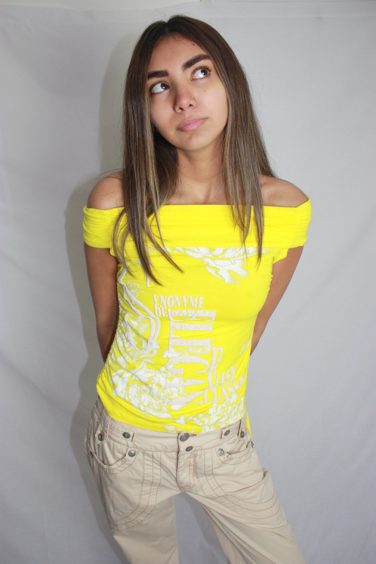 yellow beaded top, S