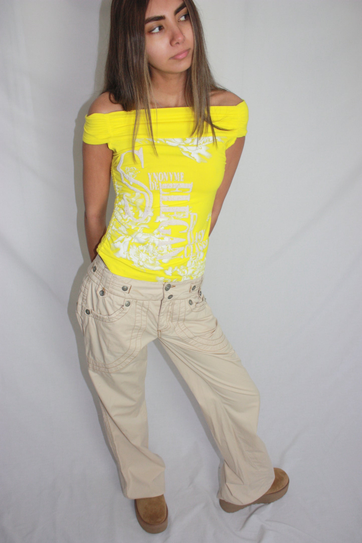 yellow beaded top, S