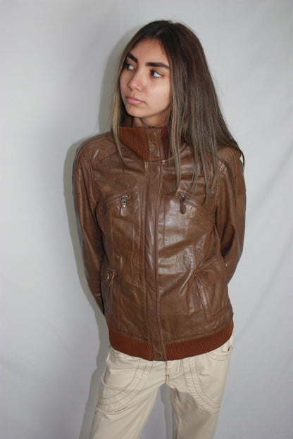 brown leather bomber jacket, M