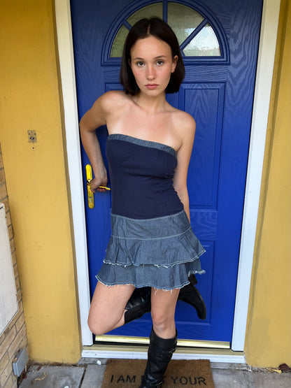 Vintage denim ruffle mini dress, S