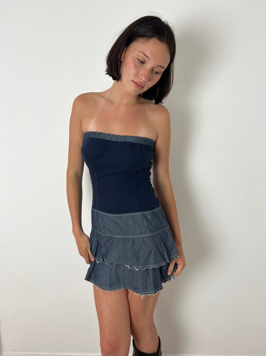 Vintage denim ruffle mini dress, S