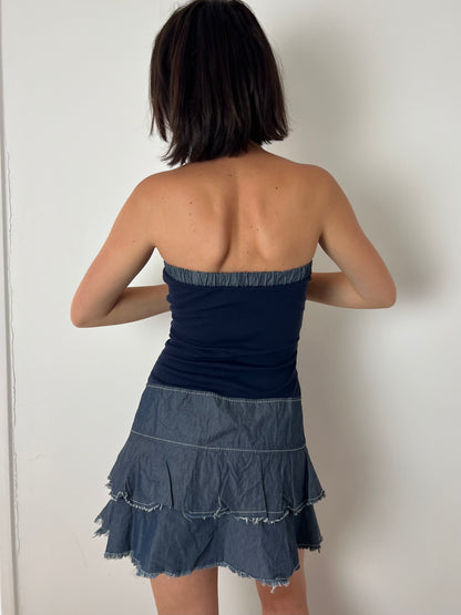 Vintage denim ruffle mini dress, S