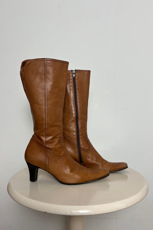 brown genuine leather heeled boots