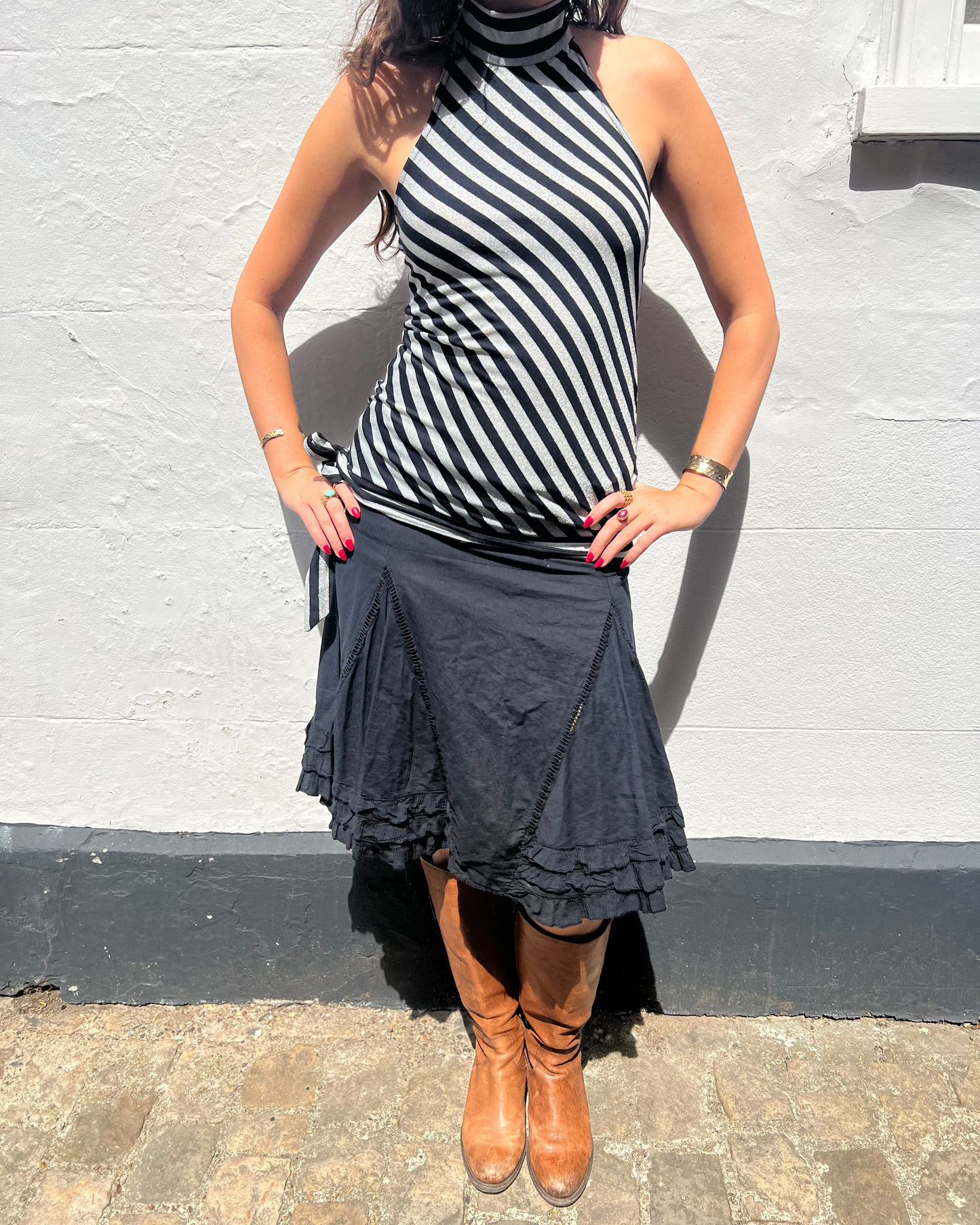 Black ruffle midi skirt