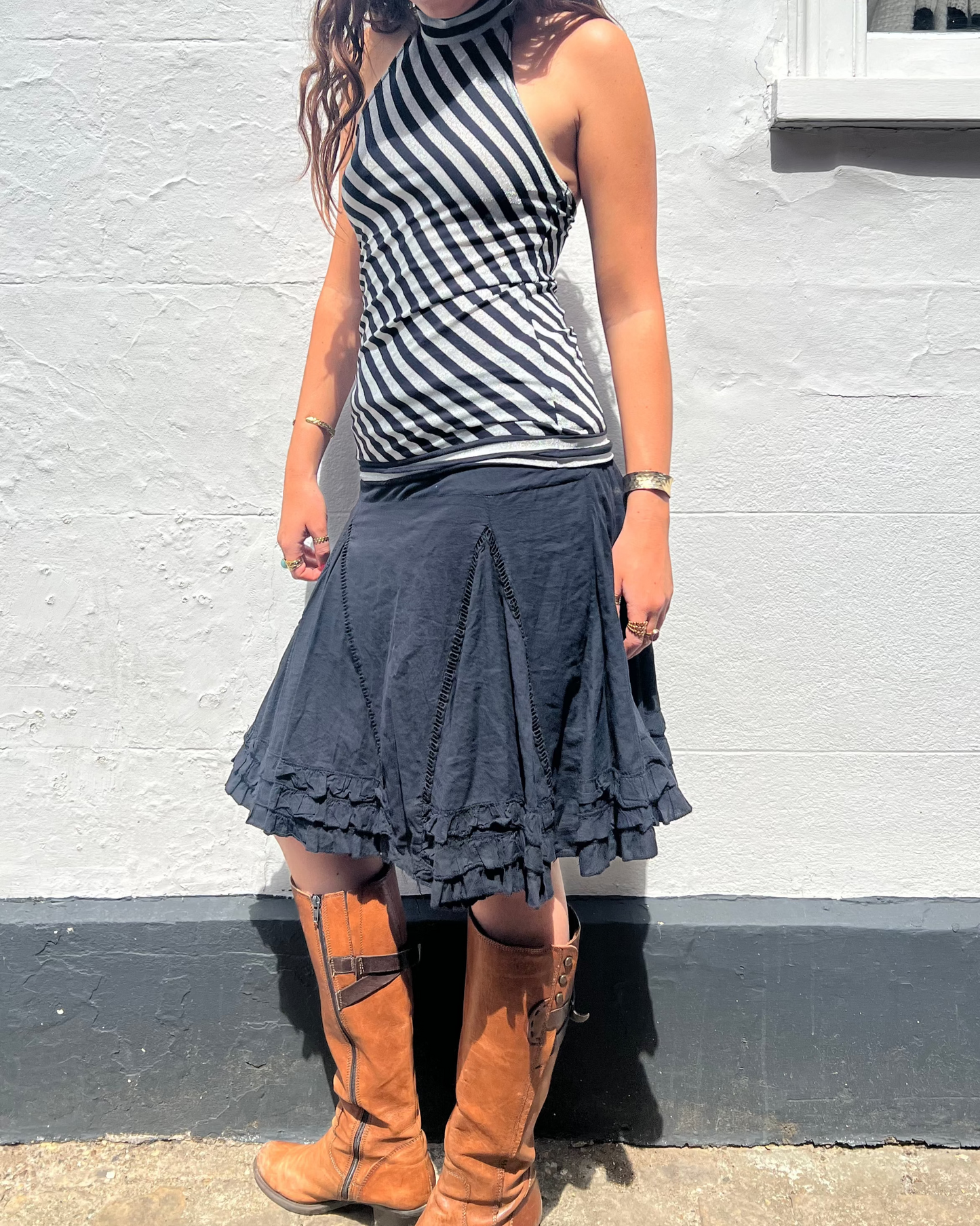 Black ruffle midi skirt