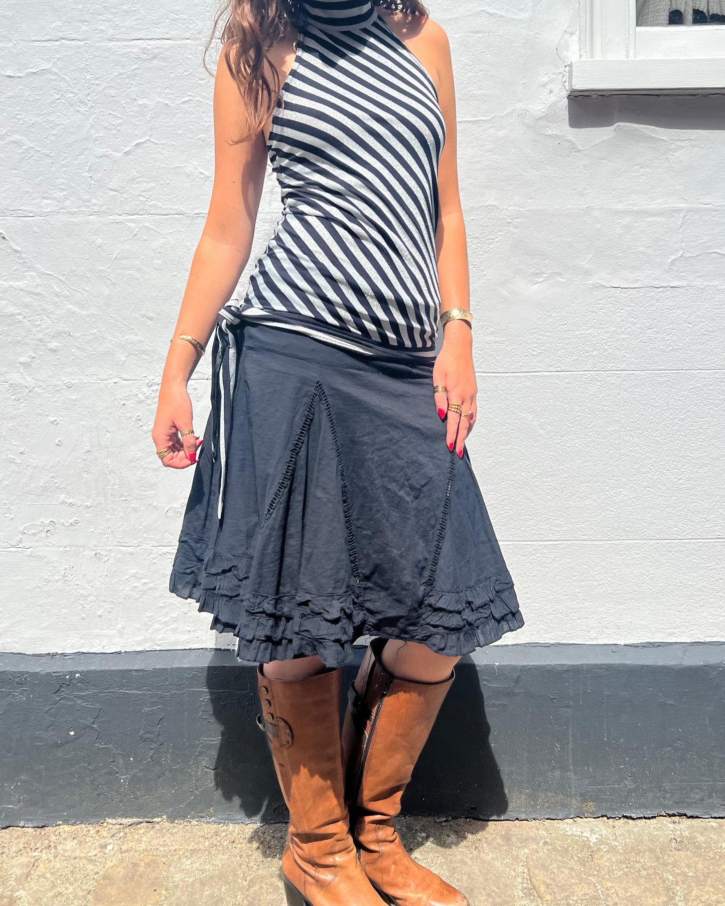 Black ruffle midi skirt