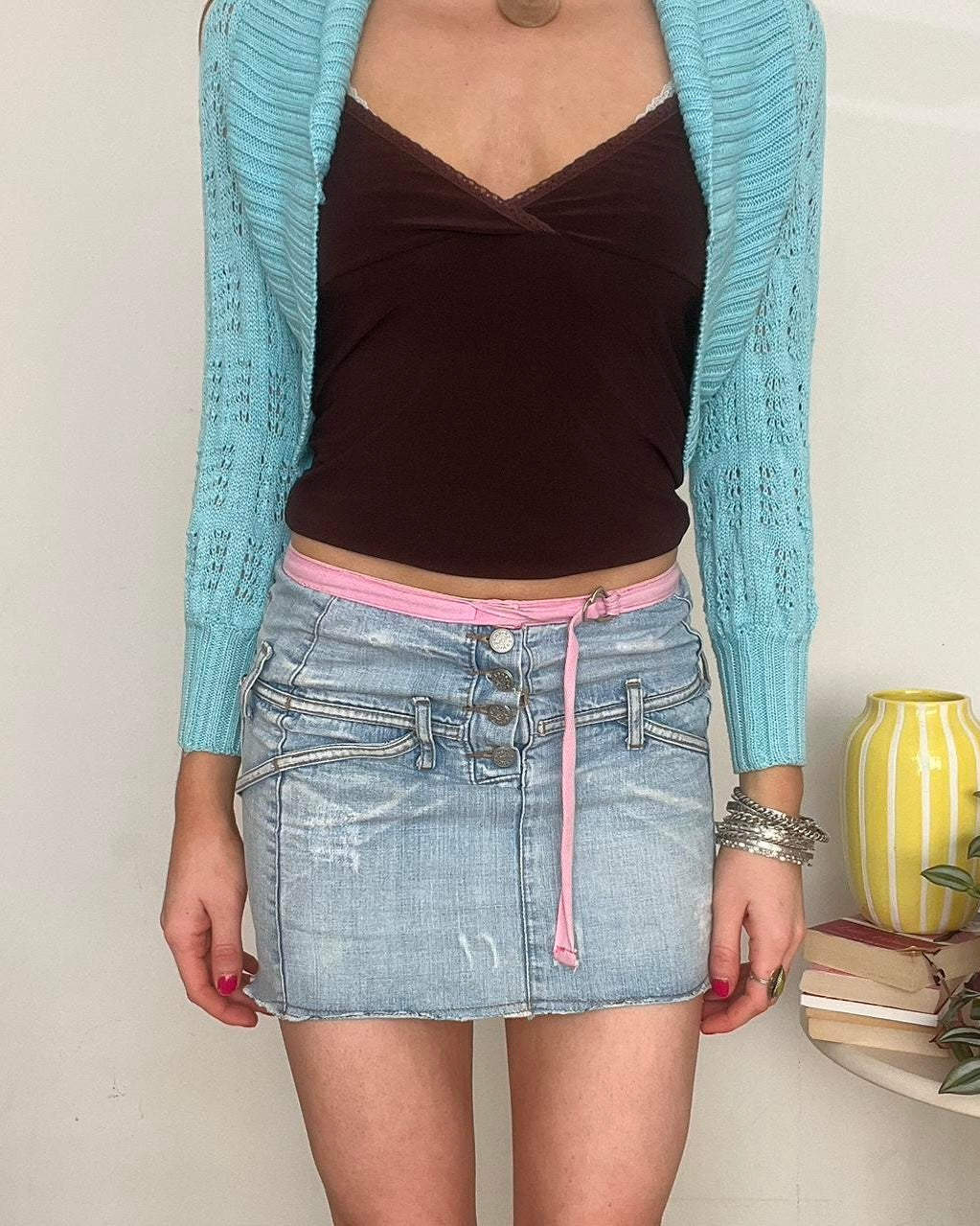 pink trim light wash denim mini skirt