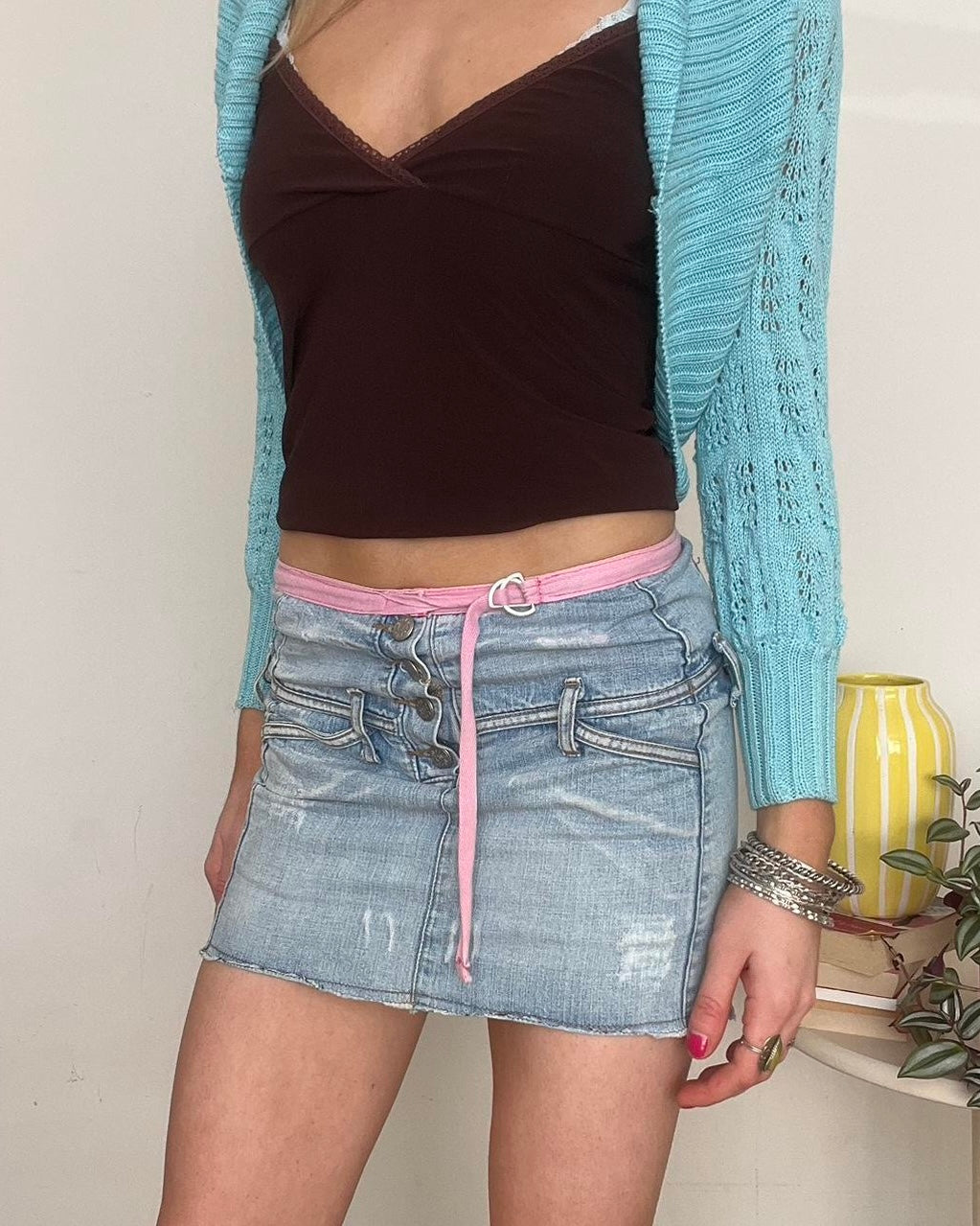 pink trim light wash denim mini skirt
