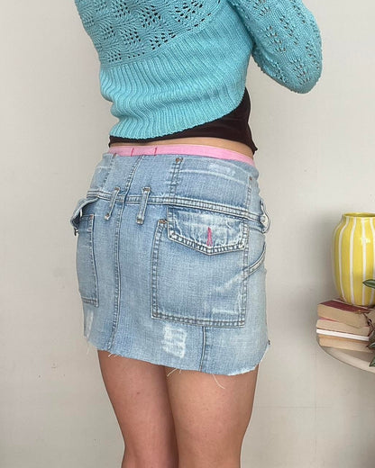 pink trim light wash denim mini skirt