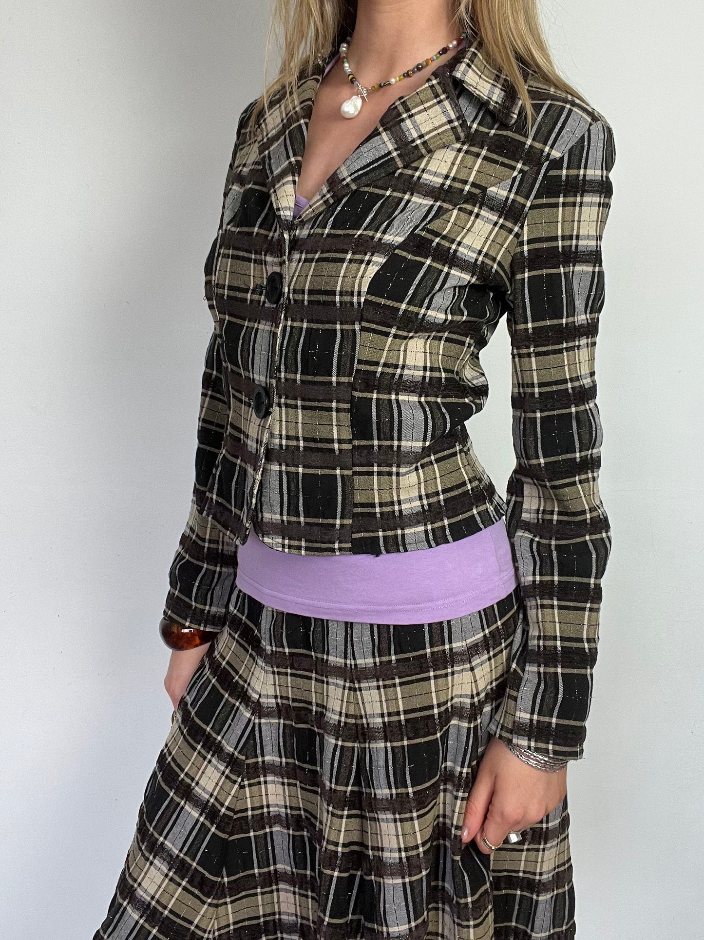 plaid button up blazer, S