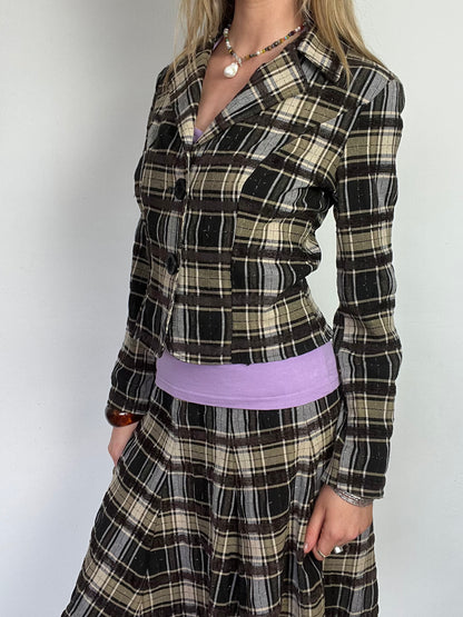 plaid button up blazer, S