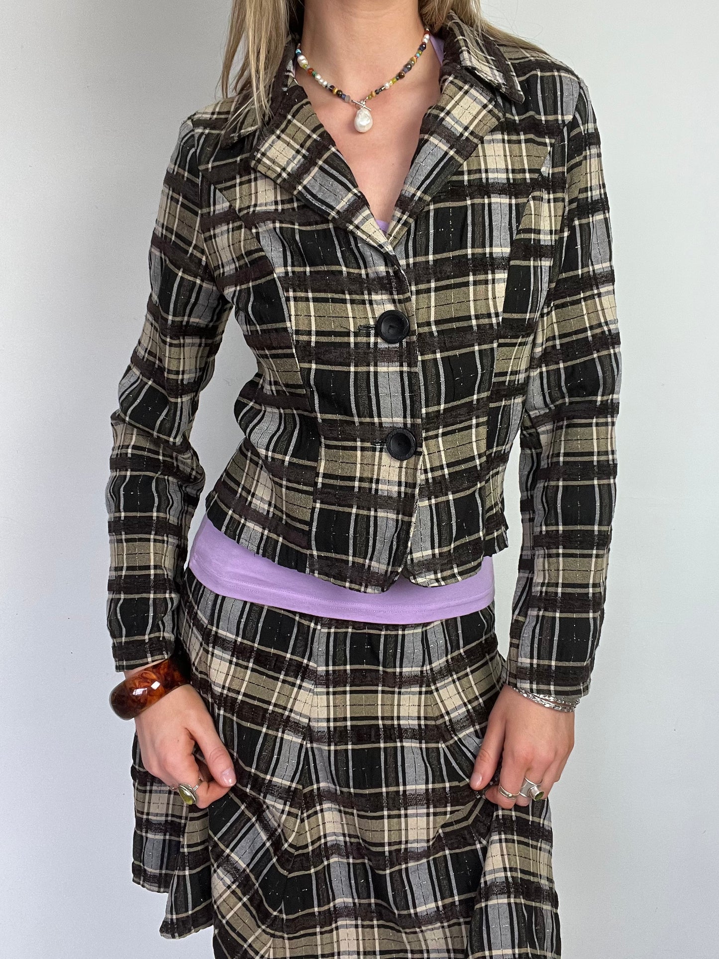 plaid button up blazer, S