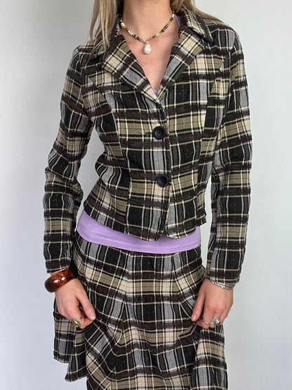 plaid button up blazer, S