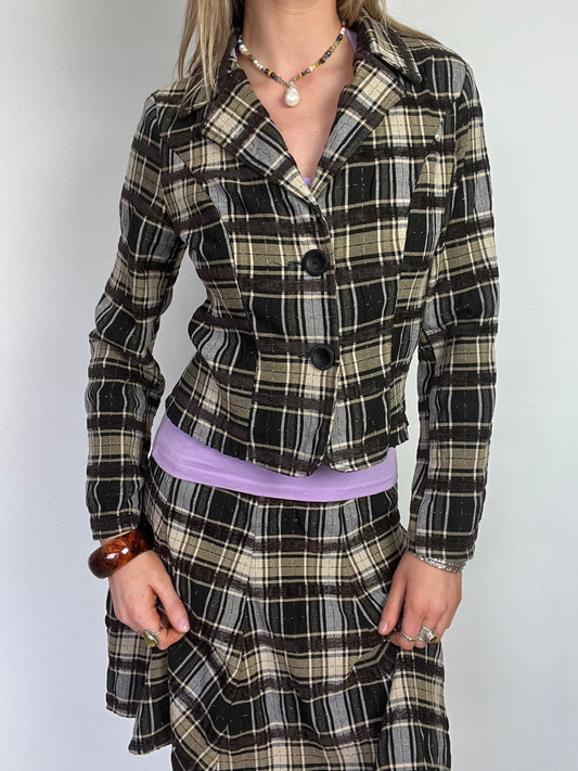 plaid button up blazer, S