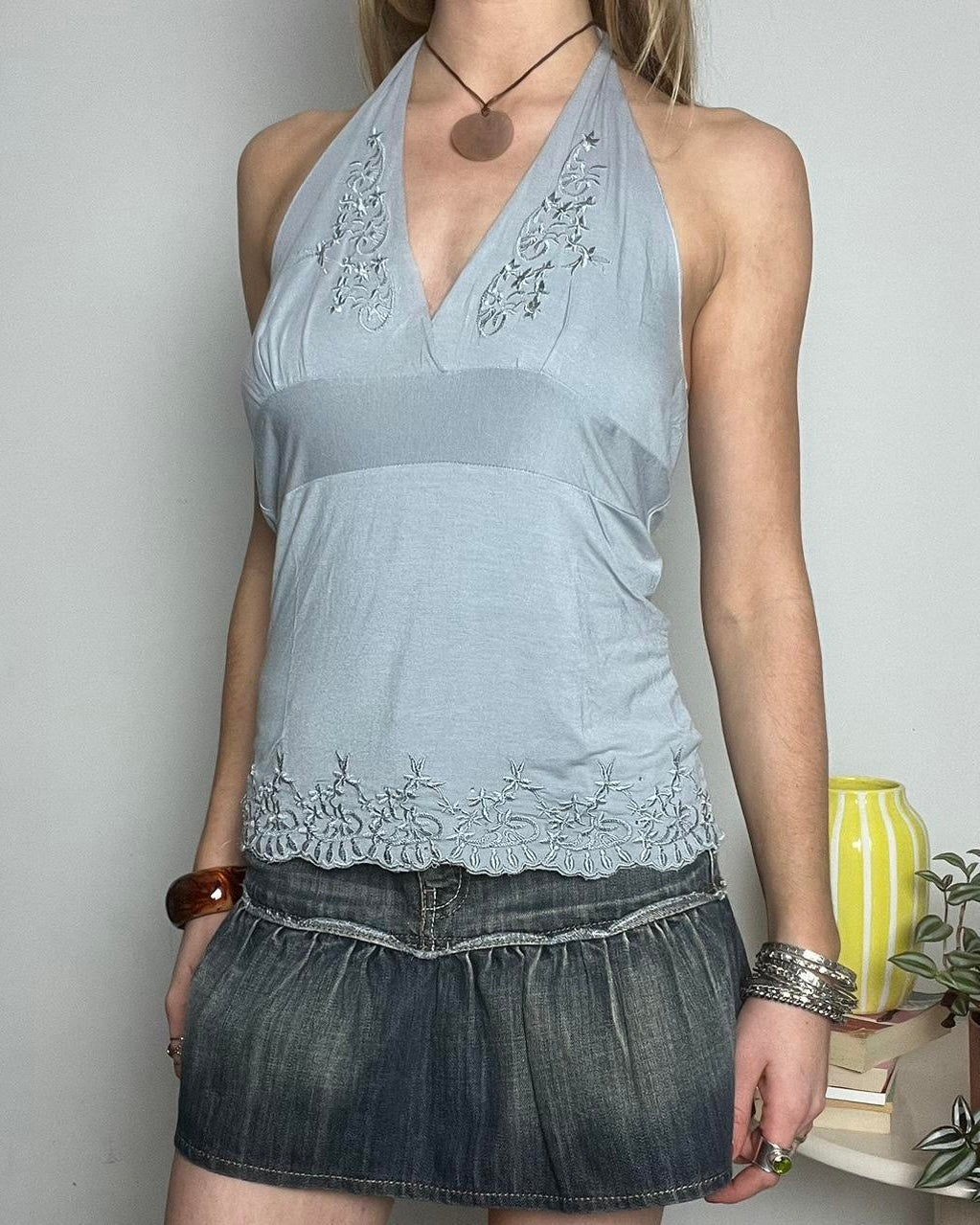 grey embroidered halter top