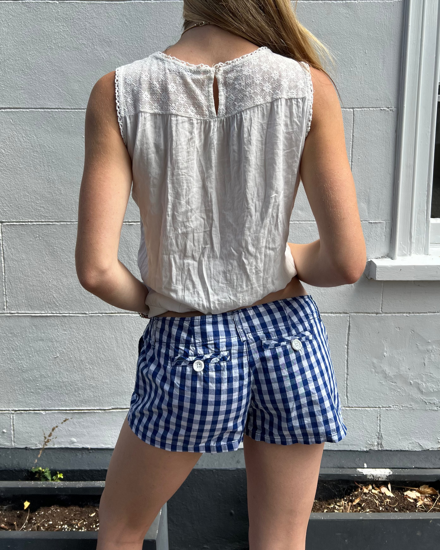 Blue and white gingham mini shorts