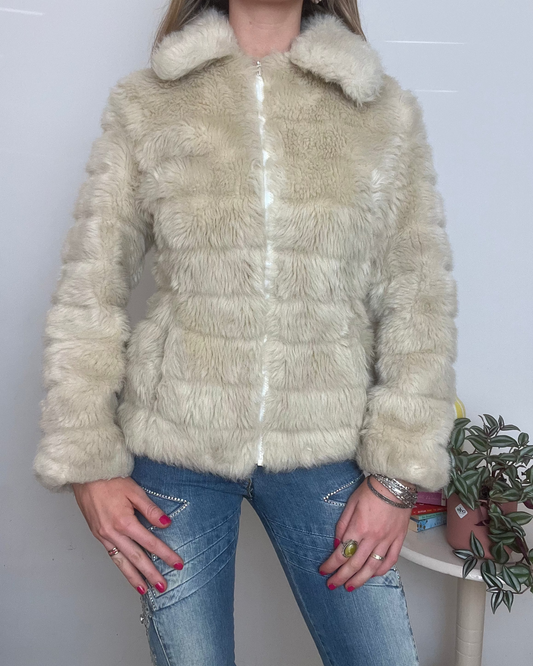 cream faux fur zip up jacket