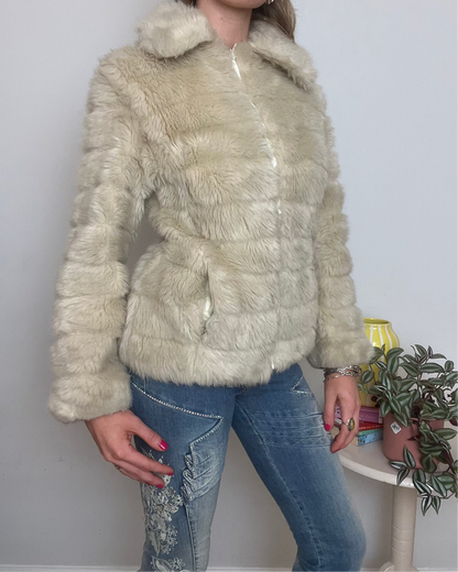 cream faux fur zip up jacket