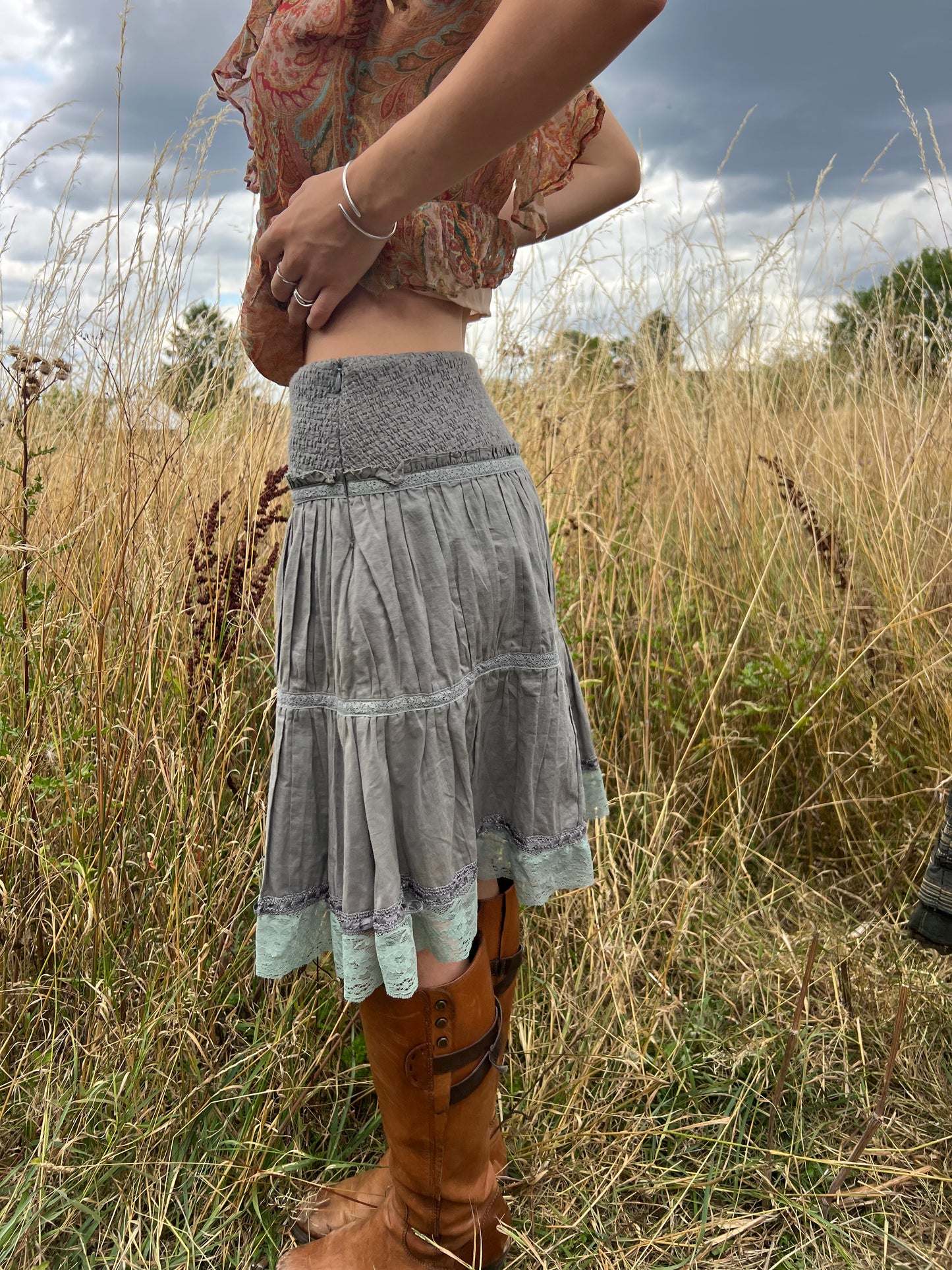 Grey tiered ruffle midi skirt