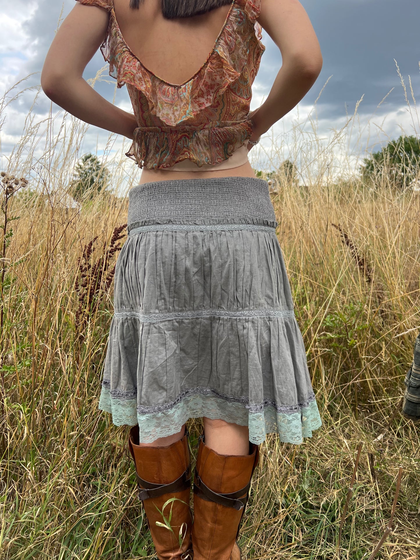 Grey tiered ruffle midi skirt