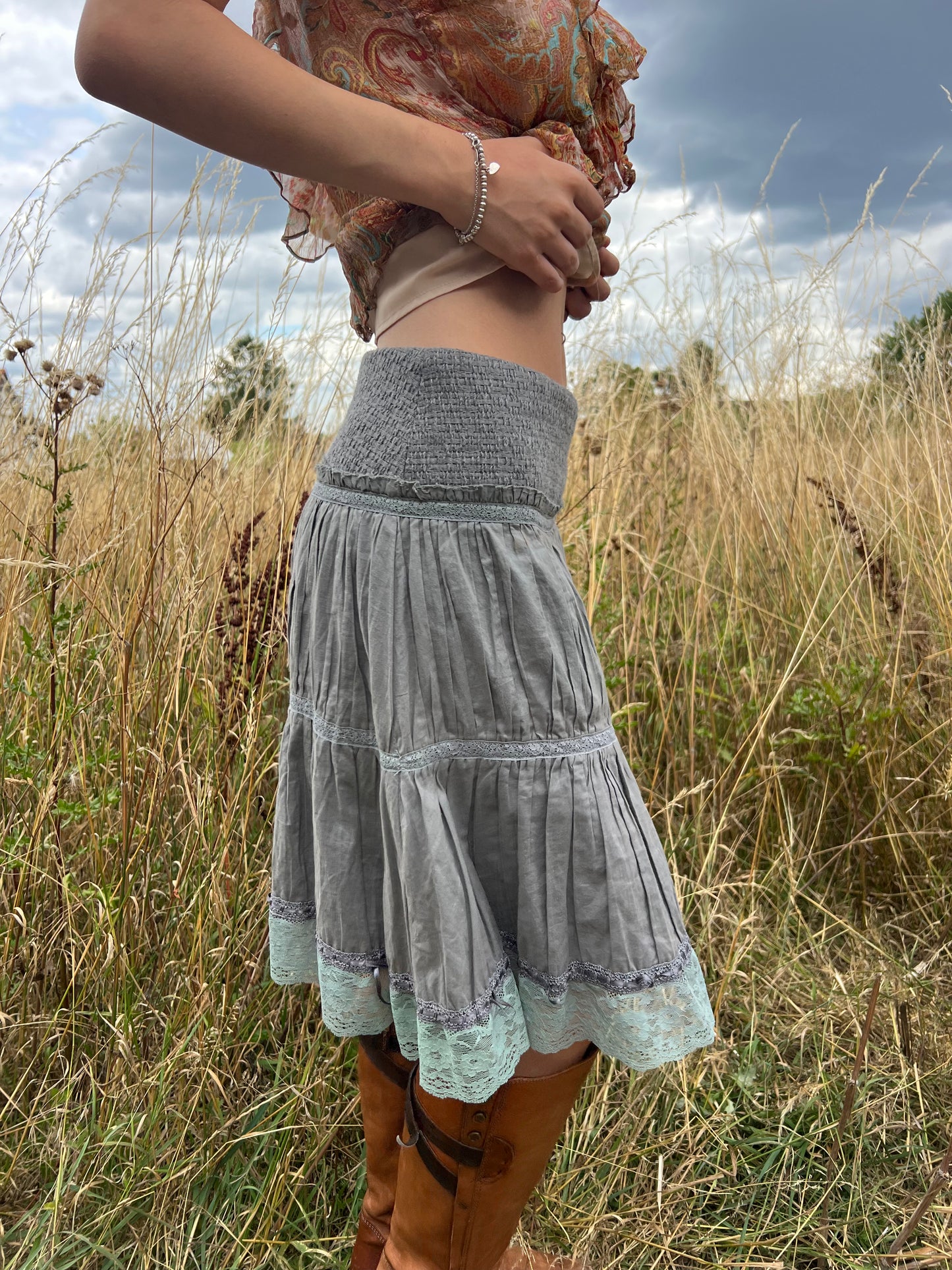 Grey tiered ruffle midi skirt