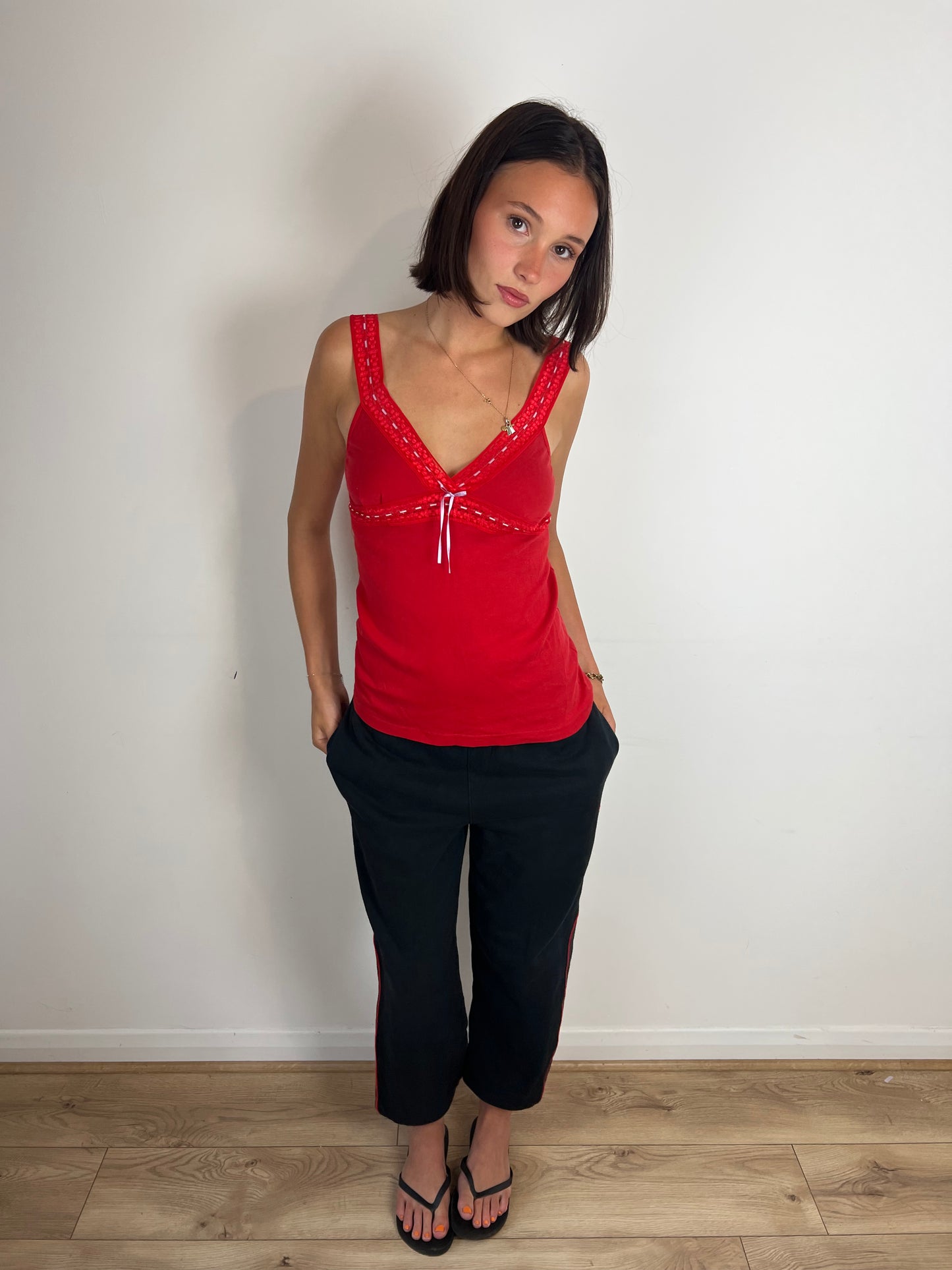 Vintage red lace trim cami top, M