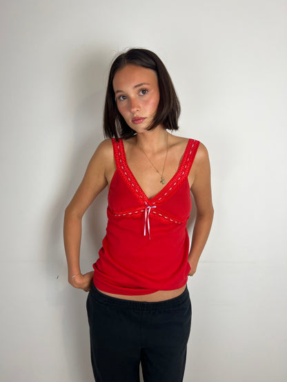 Vintage red lace trim cami top, M