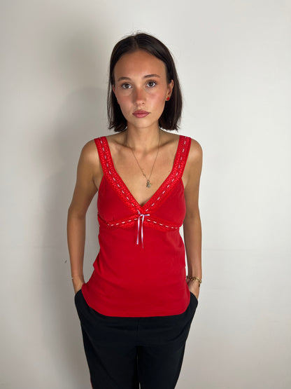 Vintage red lace trim cami top, M