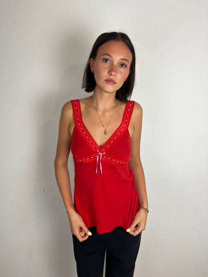 Vintage red lace trim cami top, M