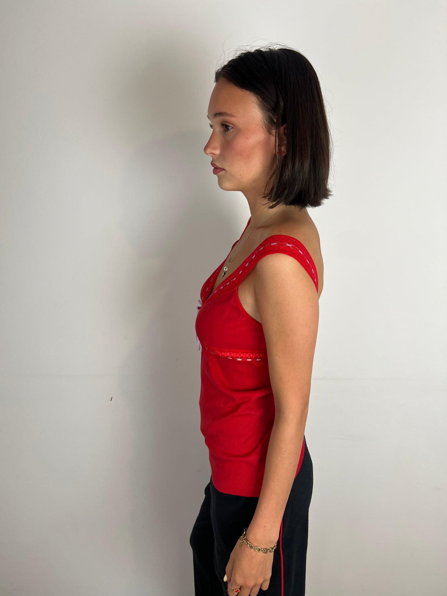 Vintage red lace trim cami top, M