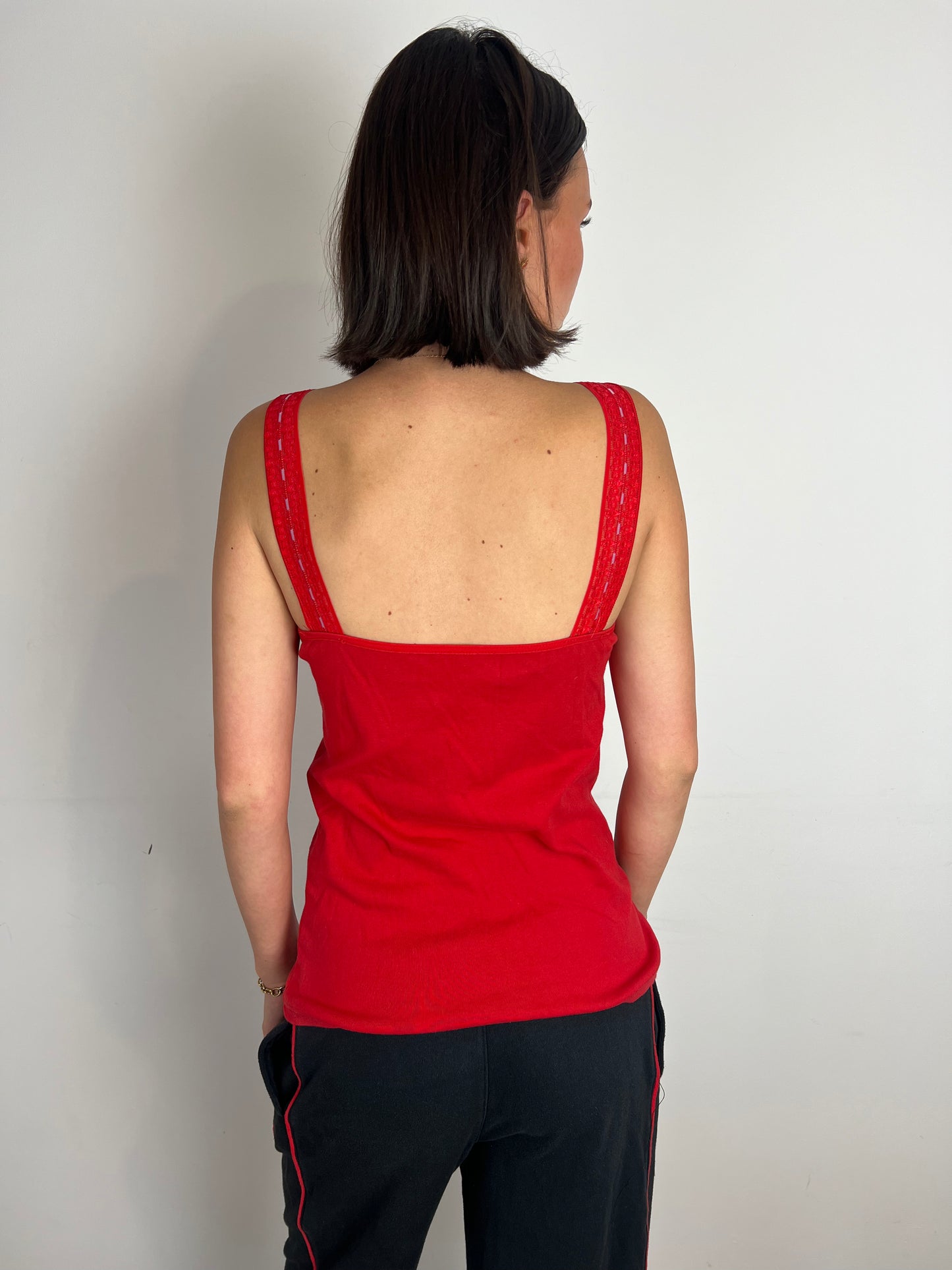 Vintage red lace trim cami top, M