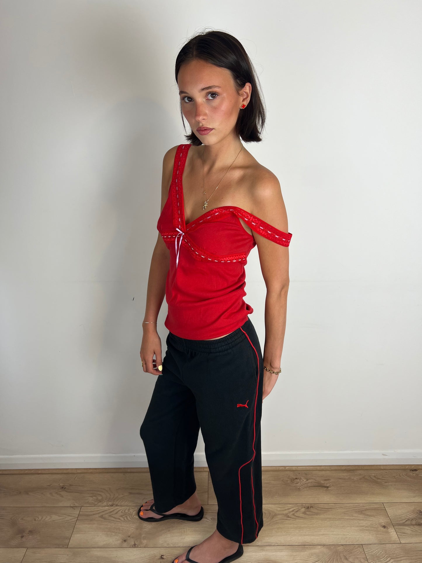 Vintage red lace trim cami top, M