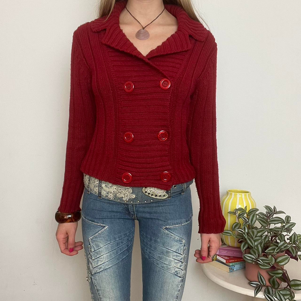 red knit button up cardigan