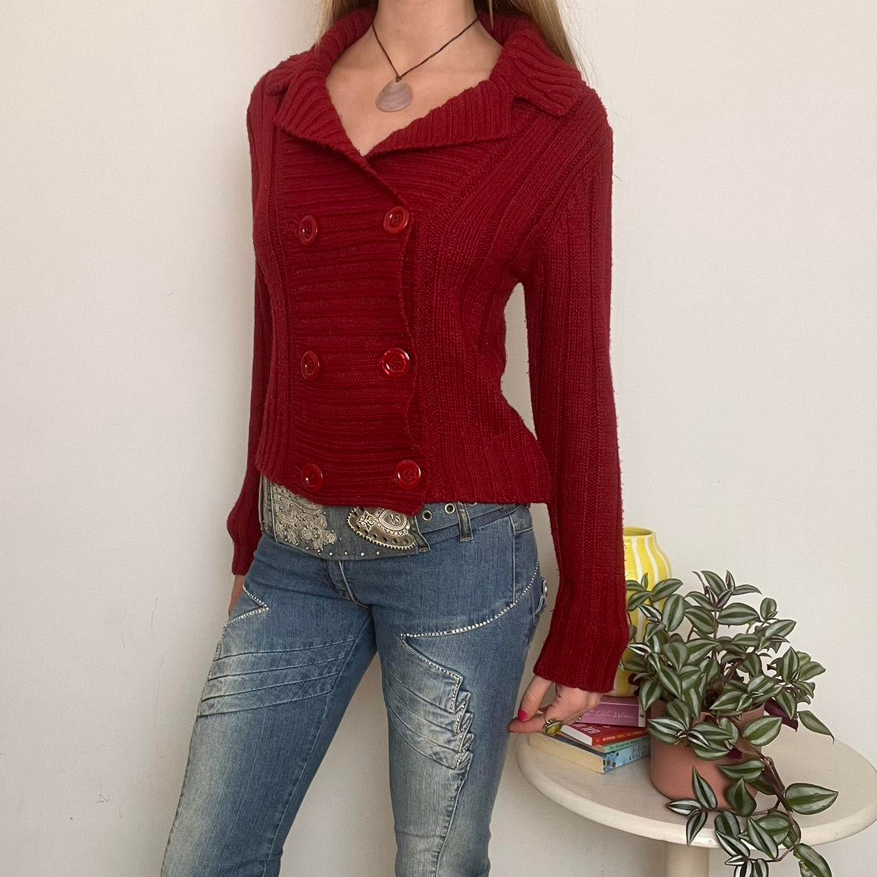 red knit button up cardigan