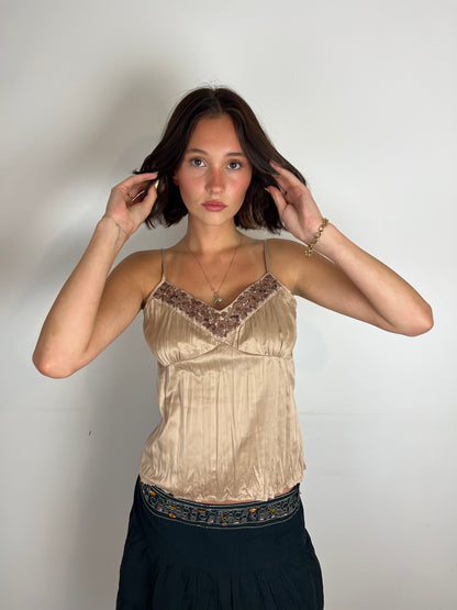 Vintage sequin trim brown cami top, M