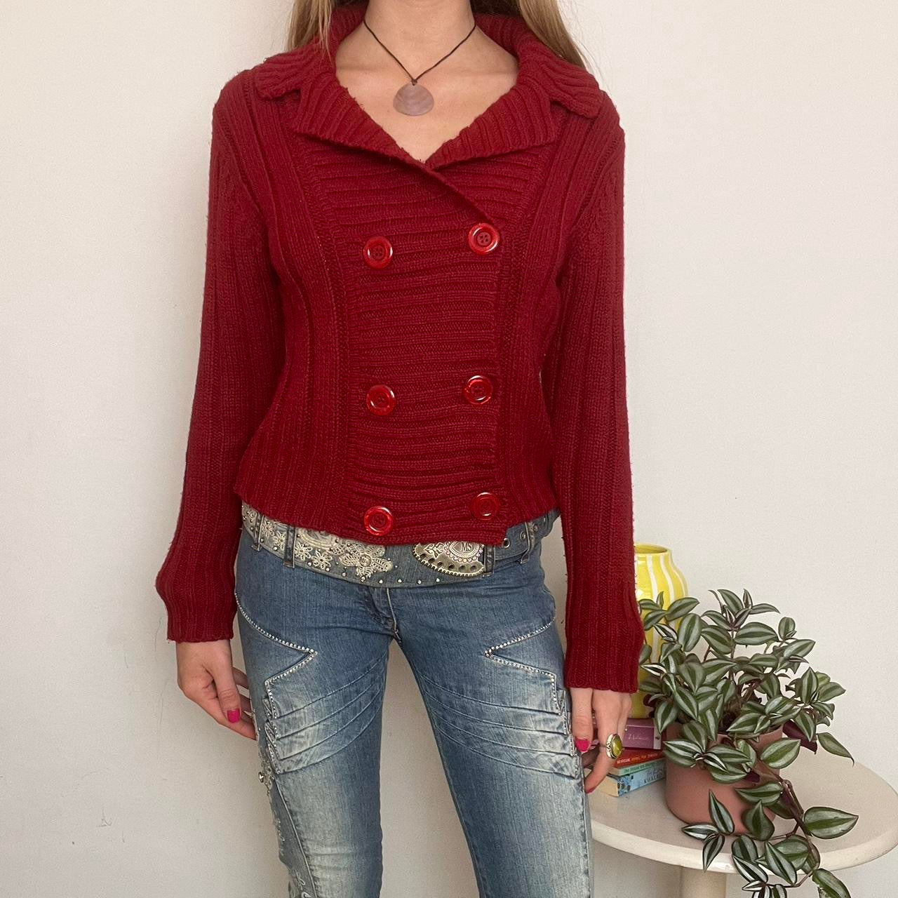 red knit button up cardigan