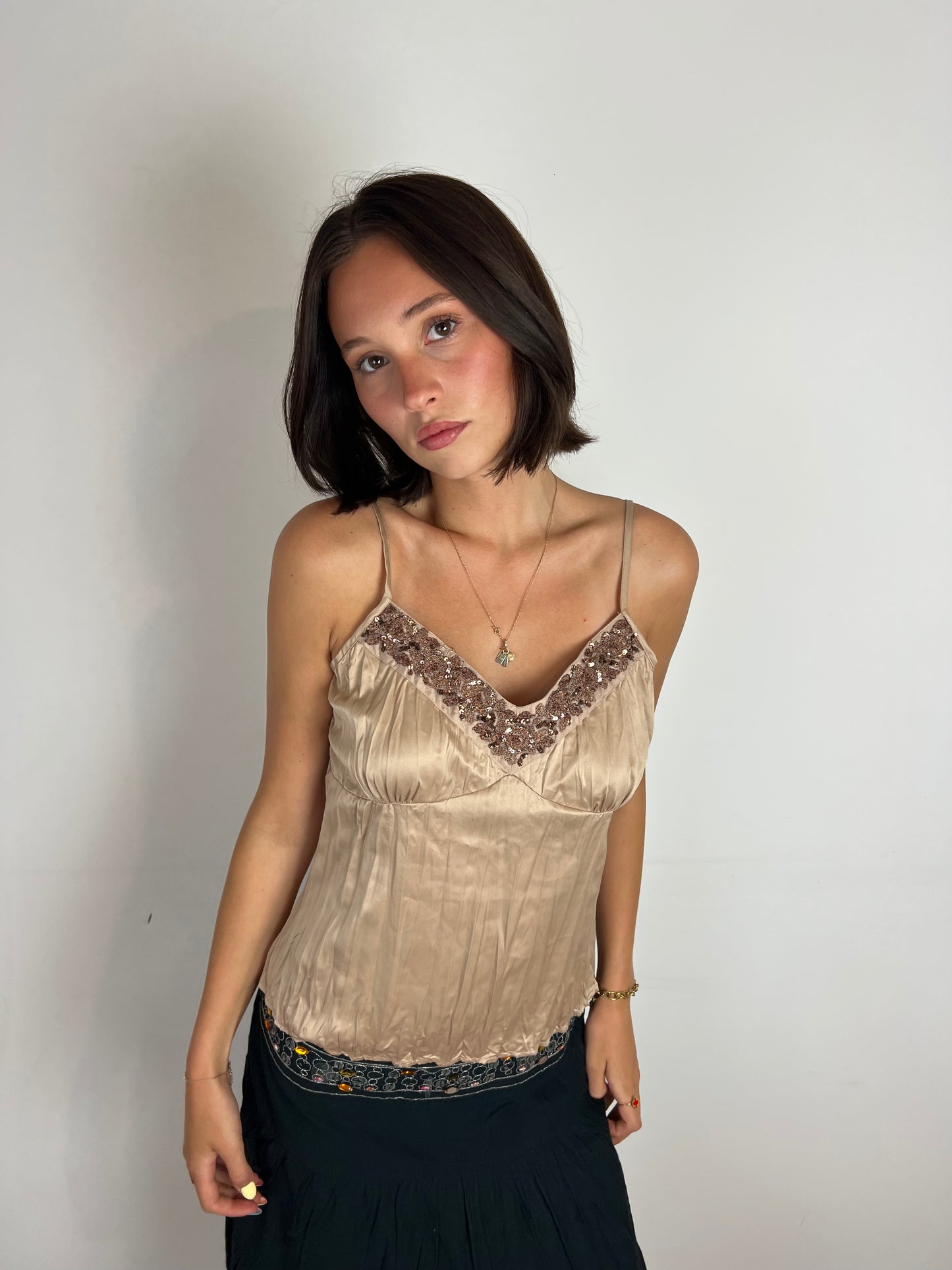 Vintage sequin trim brown cami top, M