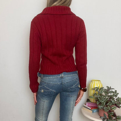 red knit button up cardigan