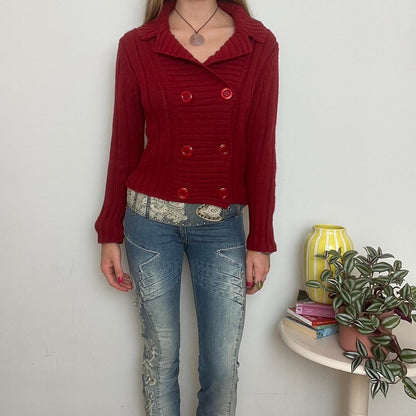 red knit button up cardigan