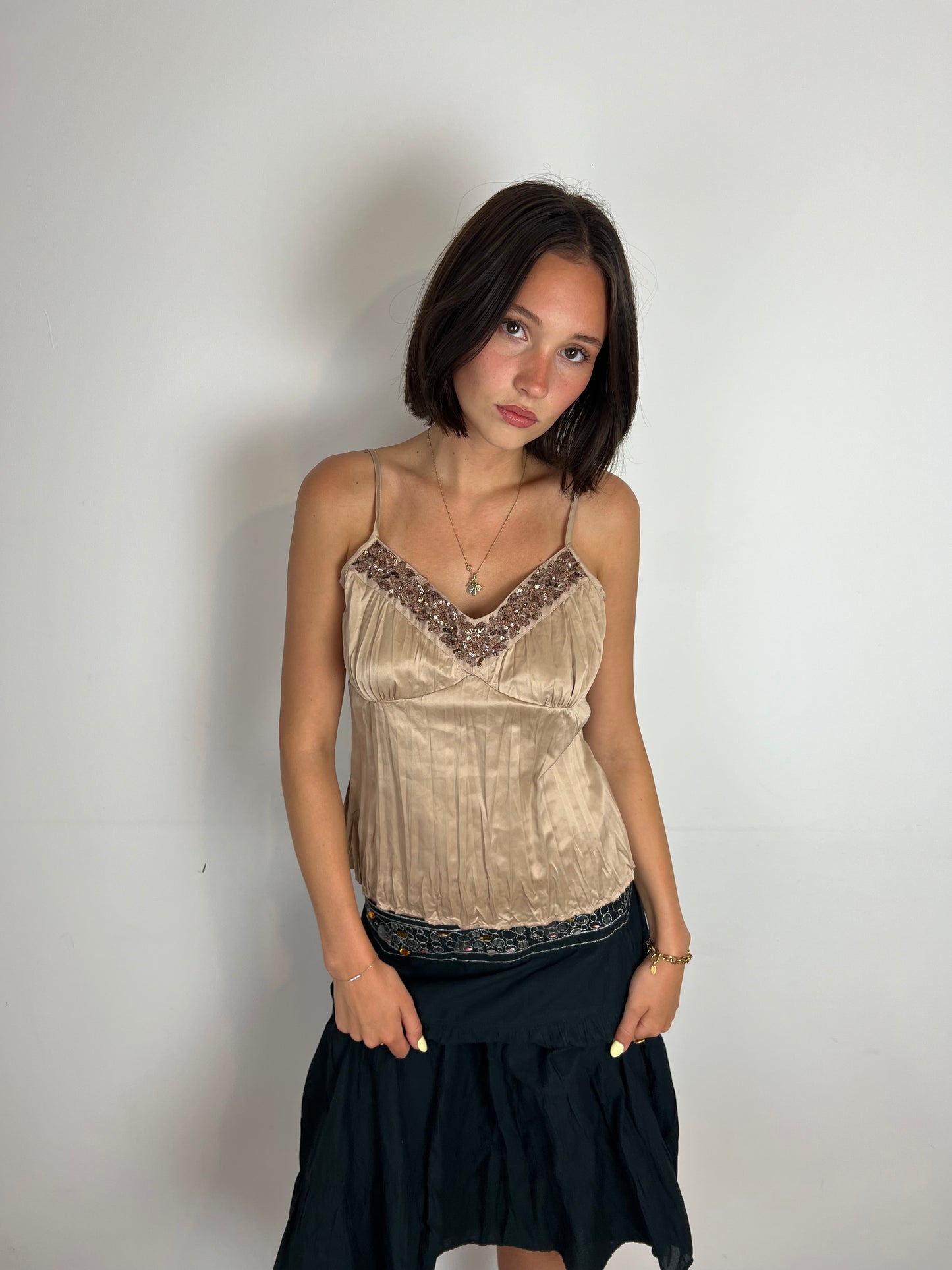 Vintage sequin trim brown cami top, M