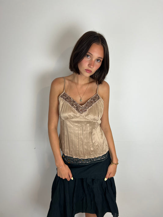 Vintage sequin trim brown cami top, M