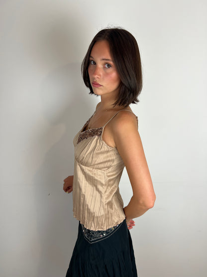 Vintage sequin trim brown cami top, M