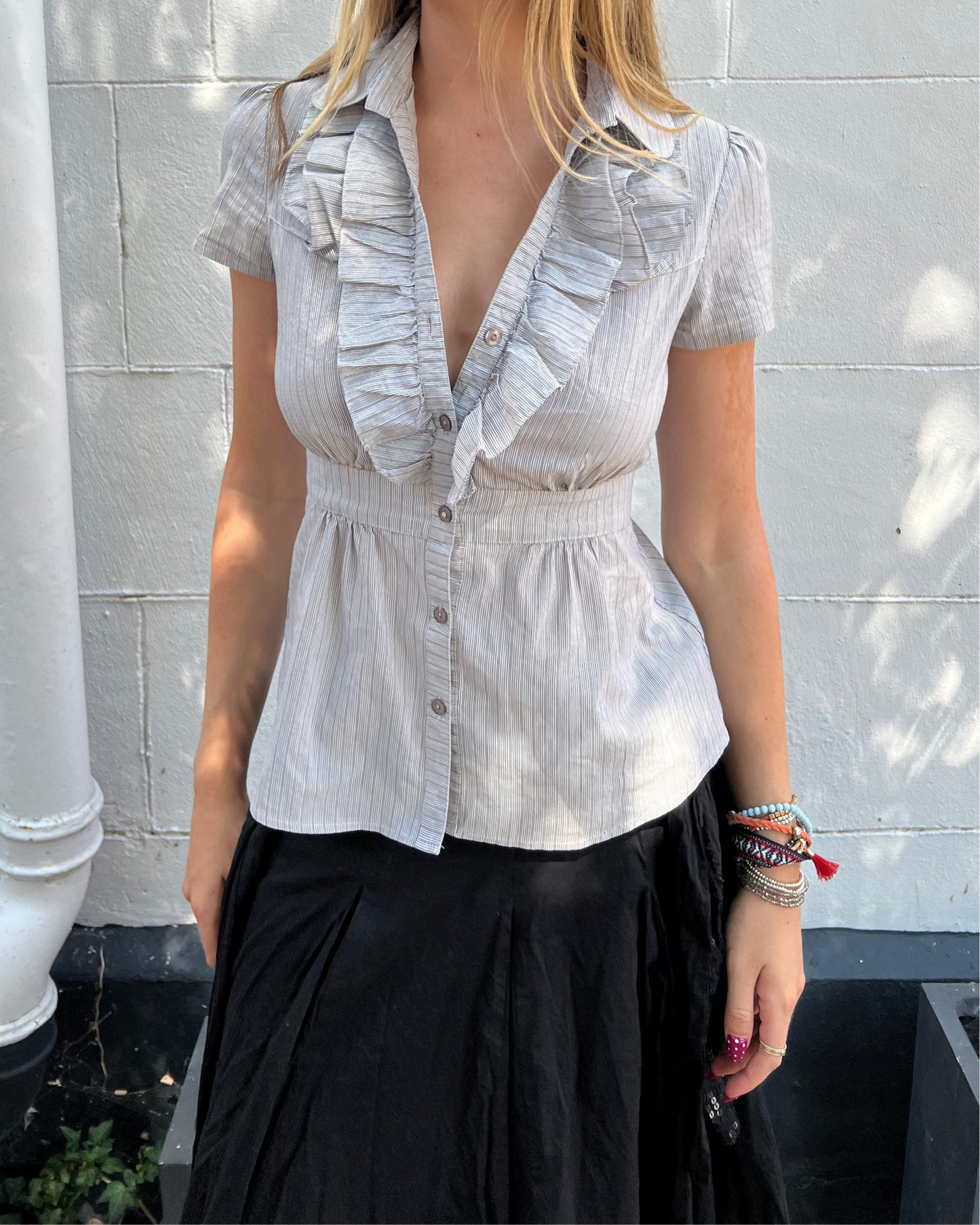 Stripy ruffle button up blouse