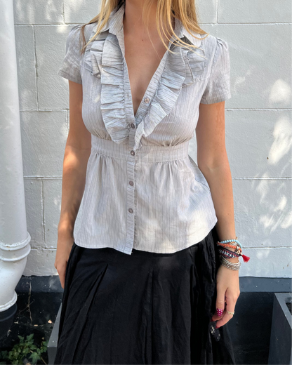 Stripy ruffle button up blouse