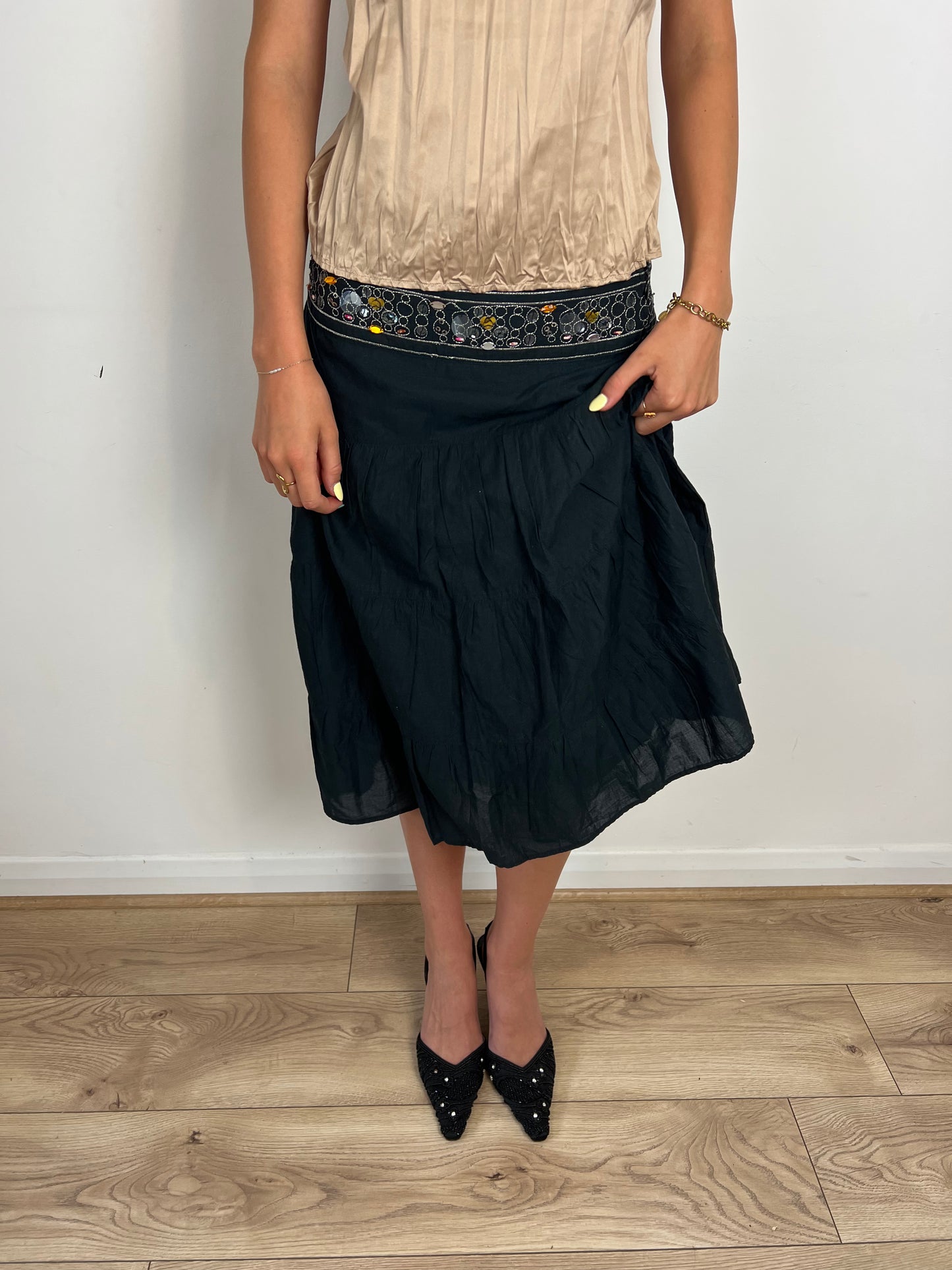 Vintage boho sequin tiered midi skirt, M