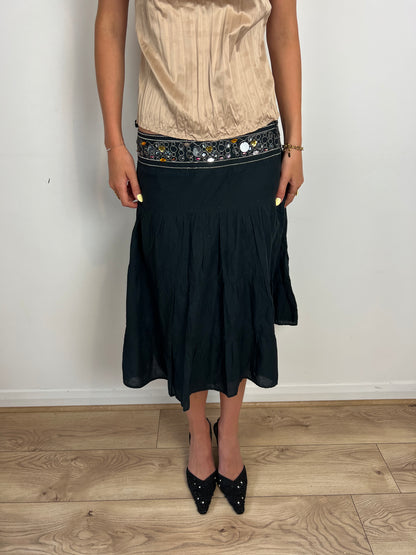 Vintage boho sequin tiered midi skirt, M