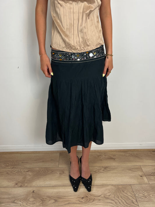 Vintage boho sequin tiered midi skirt, M