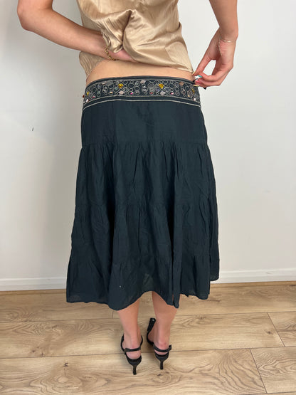 Vintage boho sequin tiered midi skirt, M
