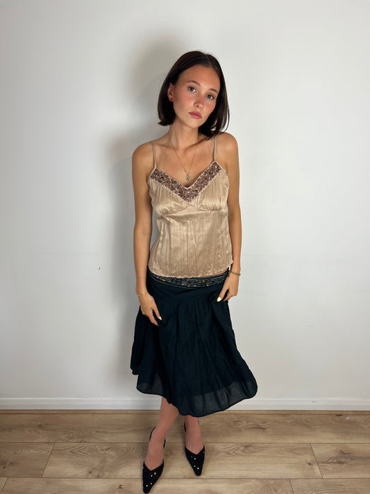 Vintage boho sequin tiered midi skirt, M