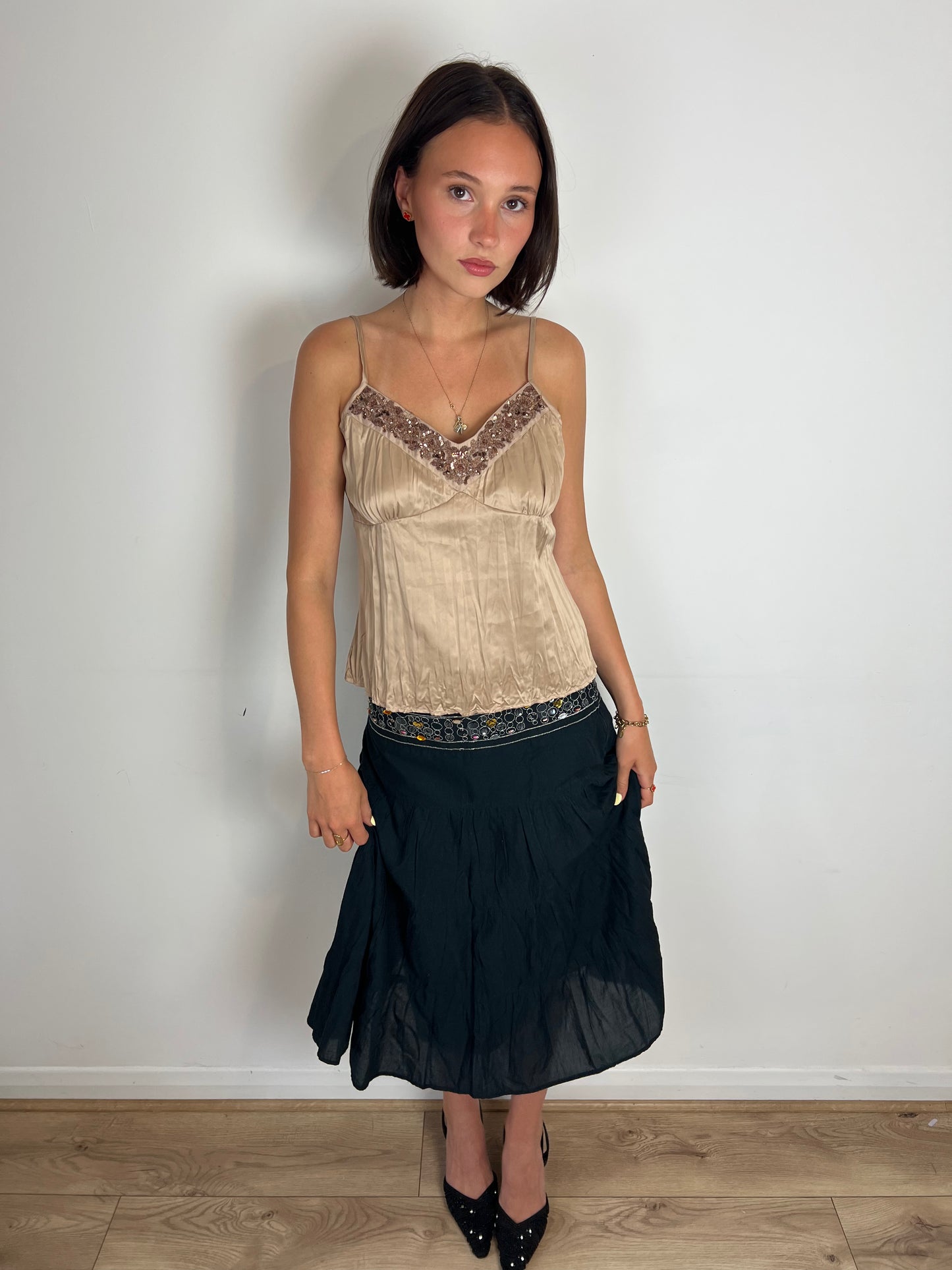 Vintage sequin trim brown cami top, M